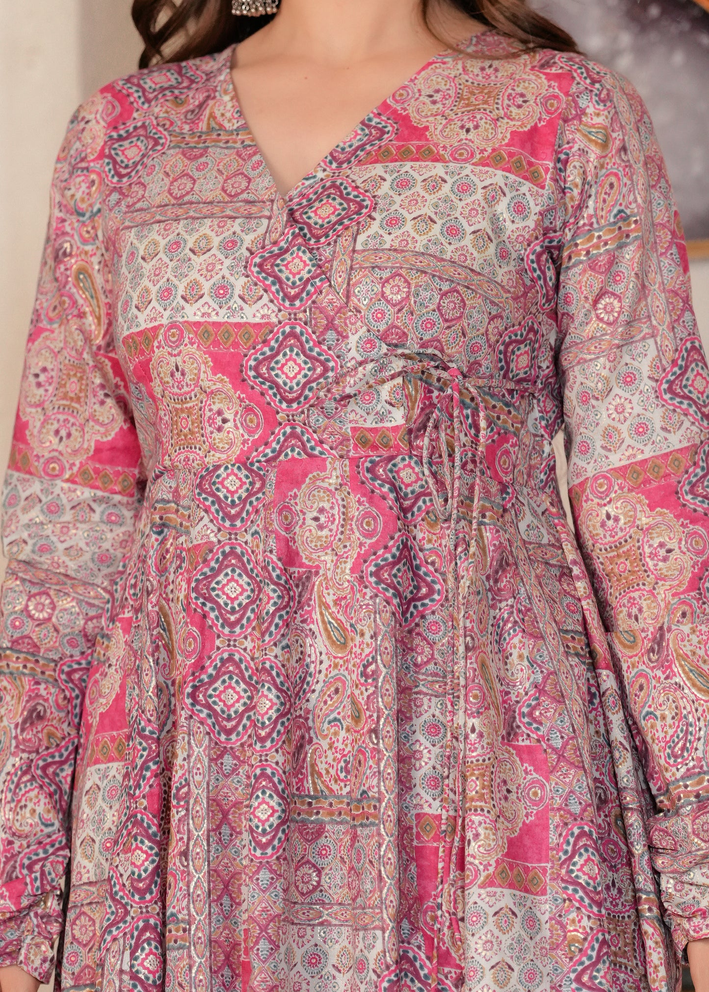 Pink Cambric Cotton Ethnic Motif Anarkali Kurta With Palazzo Set