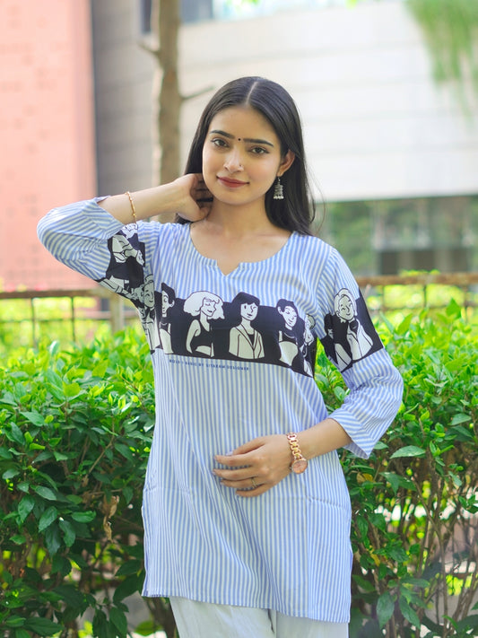 Blue Striped Graphic Printed Cotton Kurta – SMG NW26 Collection