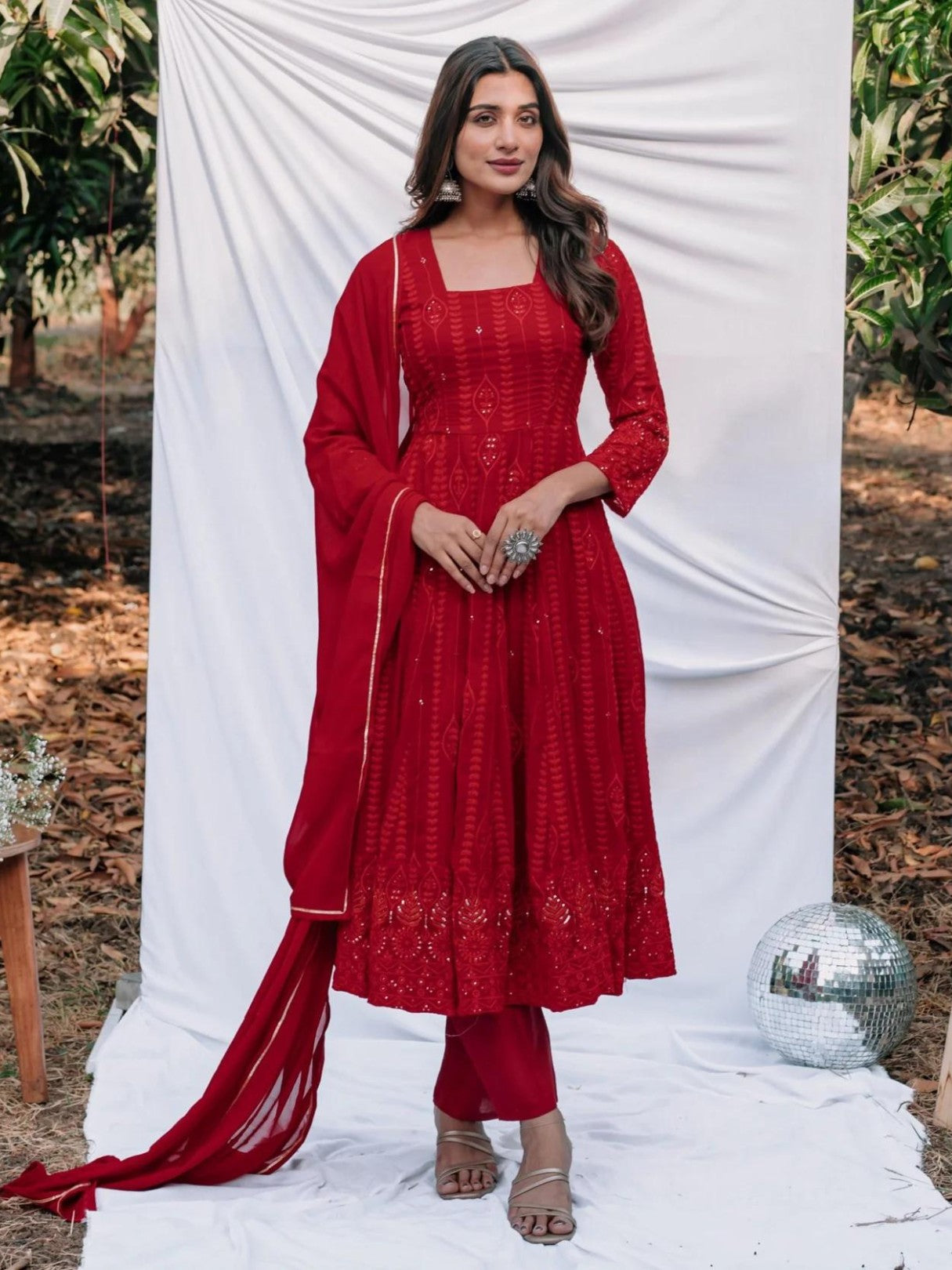 Red Anarkali Ethnic Motifs Embroidered Sequined Kurta & Trousers With Dupatta