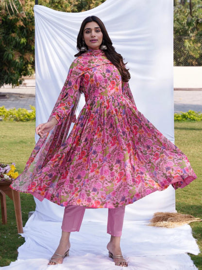 Pink Anarkali Ethnic Floral Print Kurta & Trousers With Dupatta