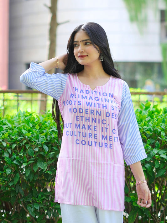 Pink & Blue Striped Typography Printed Cotton Kurta – SMG NW26 Collection