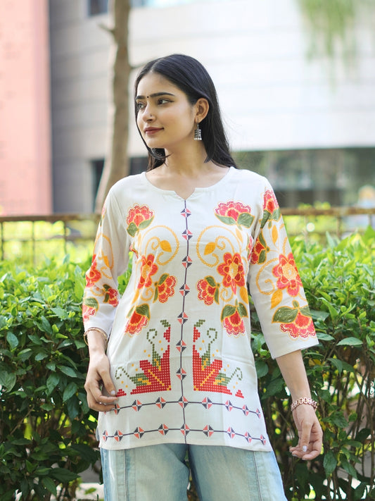 Off-White Floral Ethnic Printed Cotton Kurta – SMG NW26 Collection