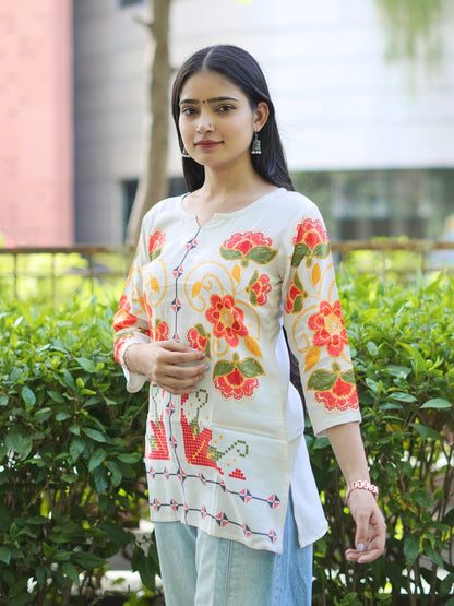 Off-White Floral Ethnic Printed Cotton Kurta – SMG NW26 Collection