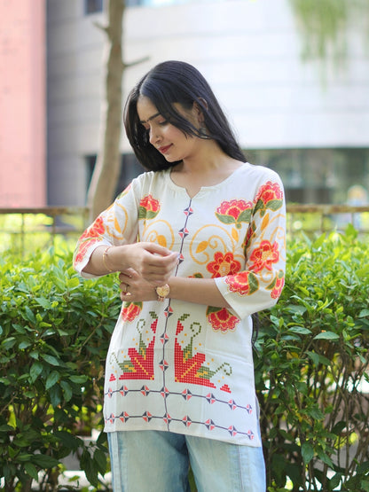 Off-White Floral Ethnic Printed Cotton Kurta – SMG NW26 Collection