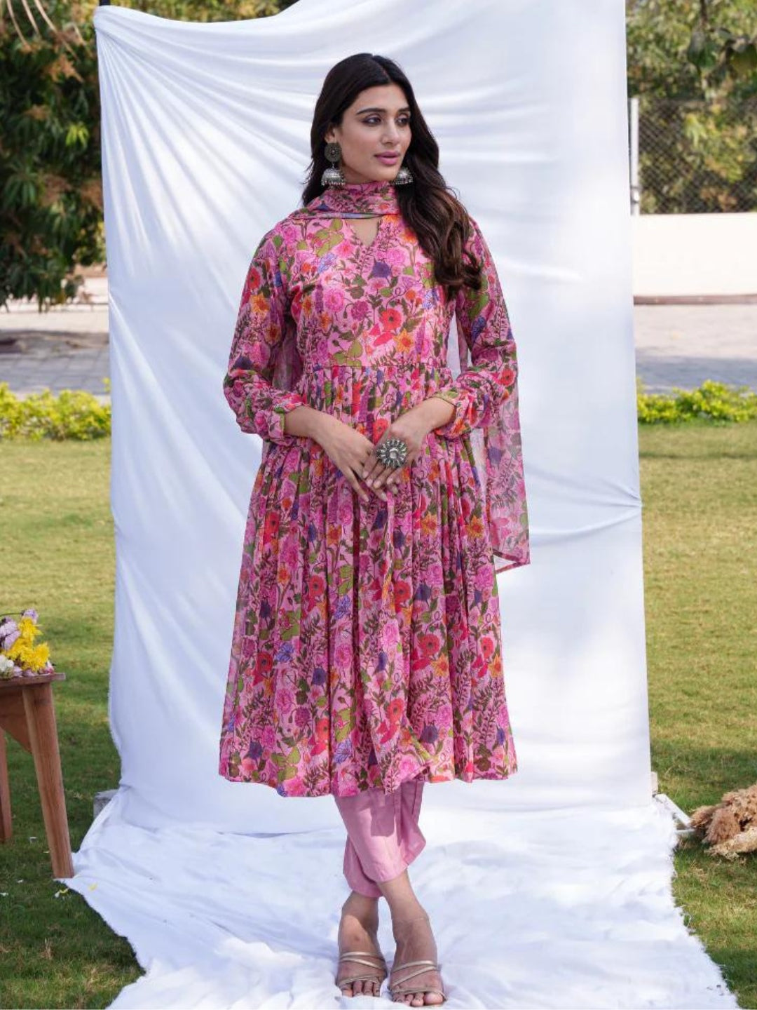 Pink Anarkali Ethnic Floral Print Kurta & Trousers With Dupatta