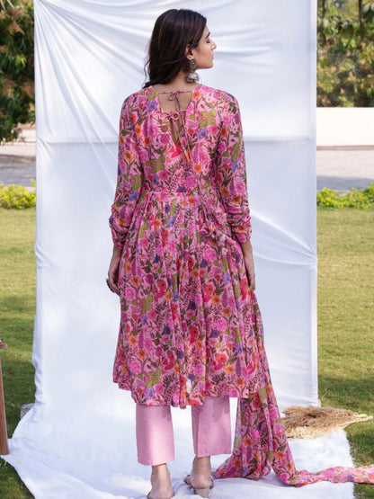 Pink Anarkali Ethnic Floral Print Kurta & Trousers With Dupatta