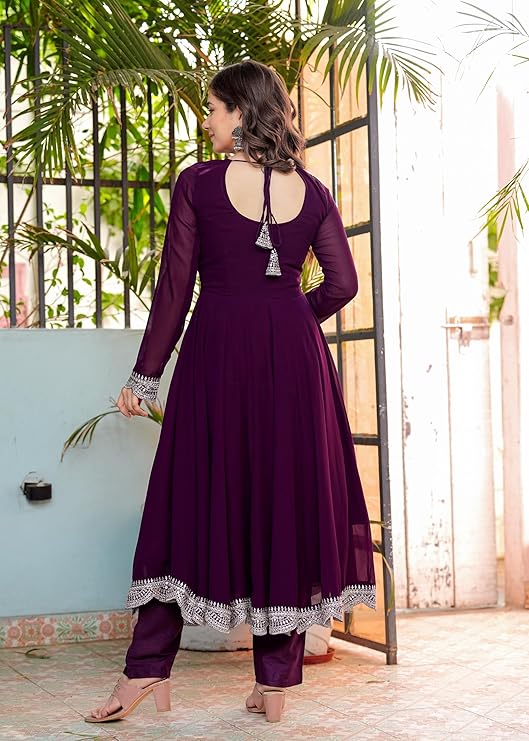 Purple Anarkali Ethnic Motifs Embroidered Sequined Kurta & Trousers With Dupatta