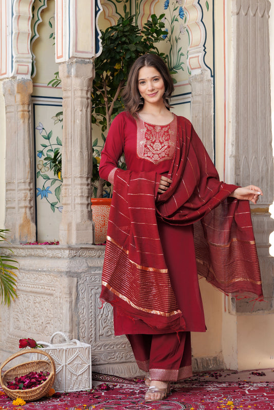 Maroon Straight Jacquard  Patch Kurta and Palazzo With Dupatta