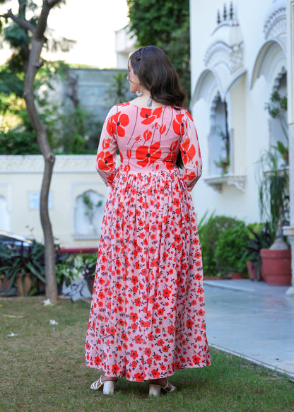 Orange Fit And Flared Floral Printed Gown & Dresses