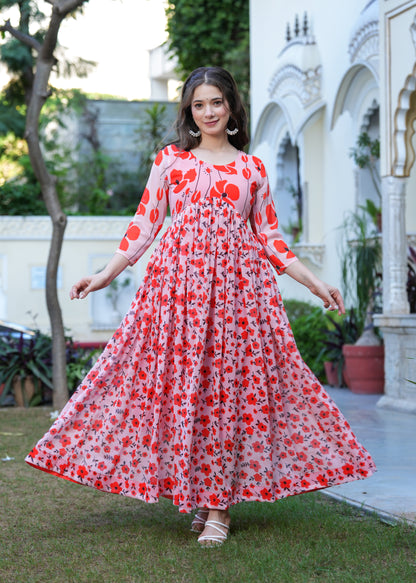 Orange Fit And Flared Floral Printed Gown & Dresses