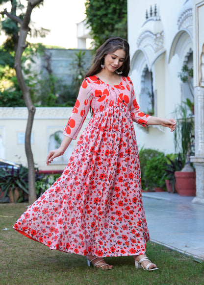 Orange Fit And Flared Floral Printed Gown & Dresses