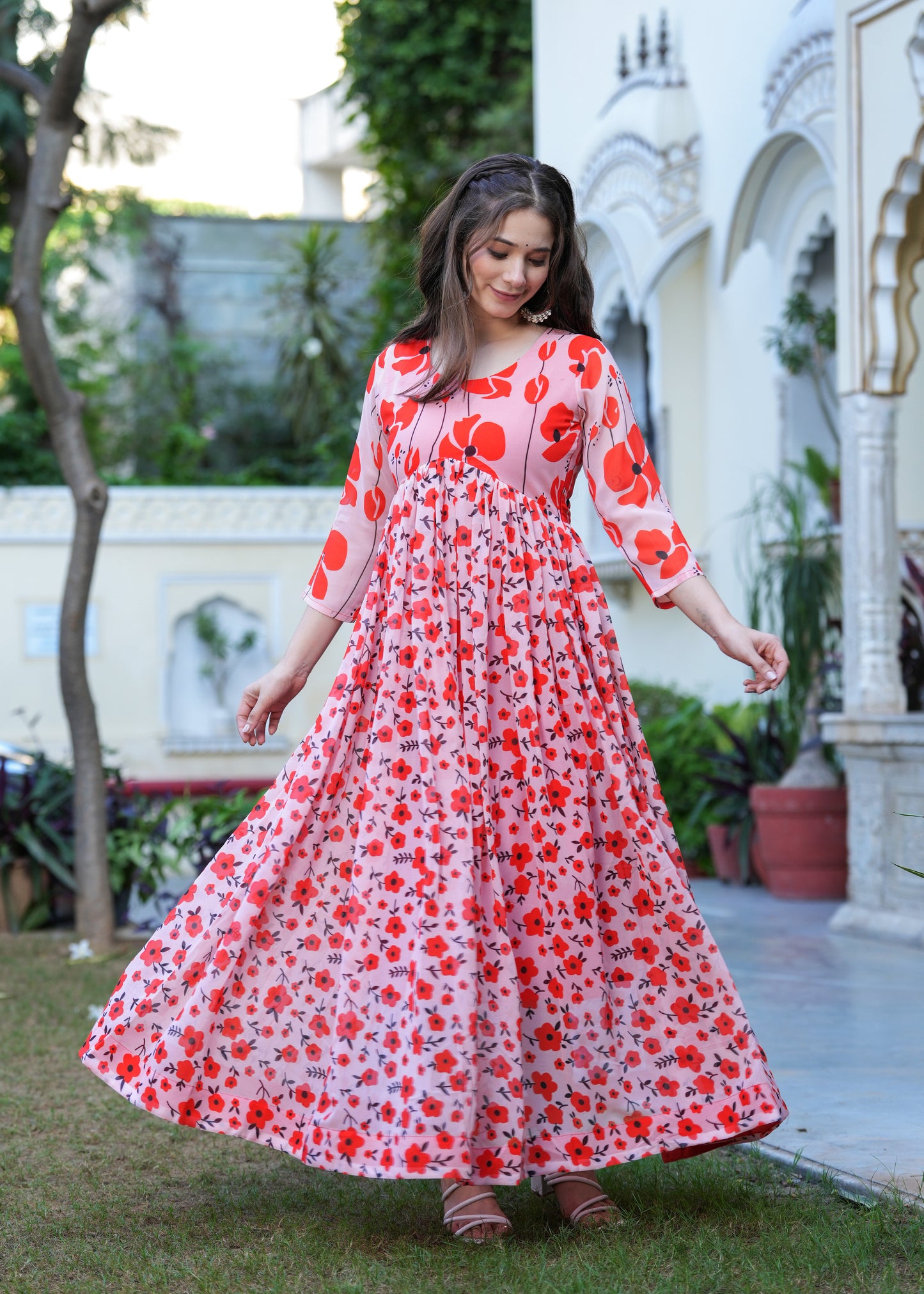 Orange Fit And Flared Floral Printed Gown & Dresses