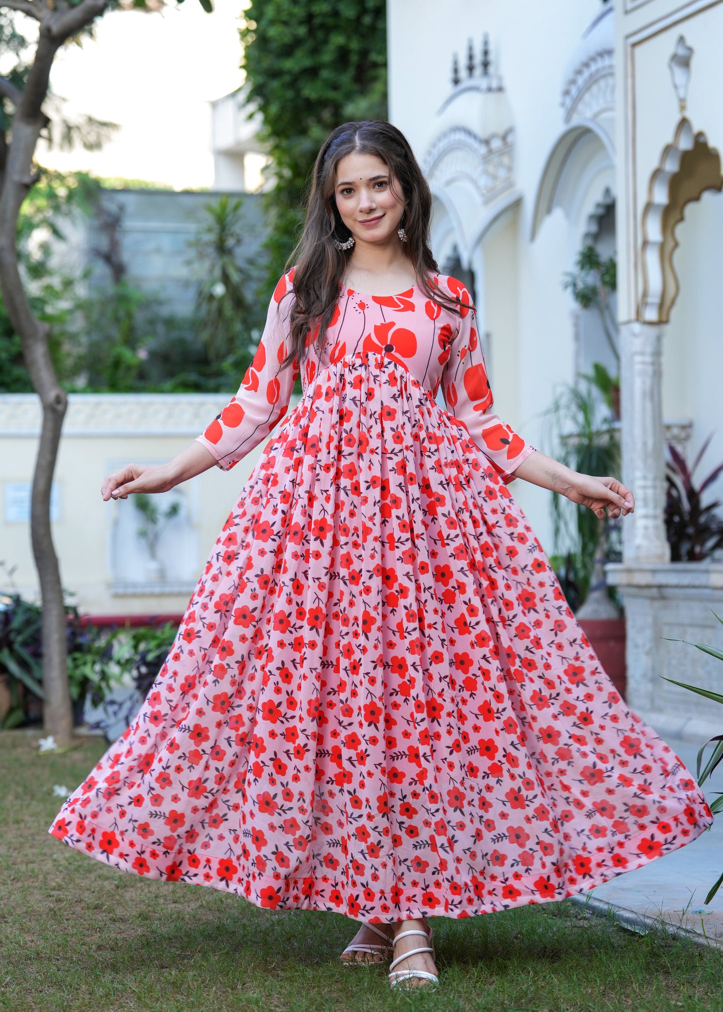 Orange Fit And Flared Floral Printed Gown & Dresses