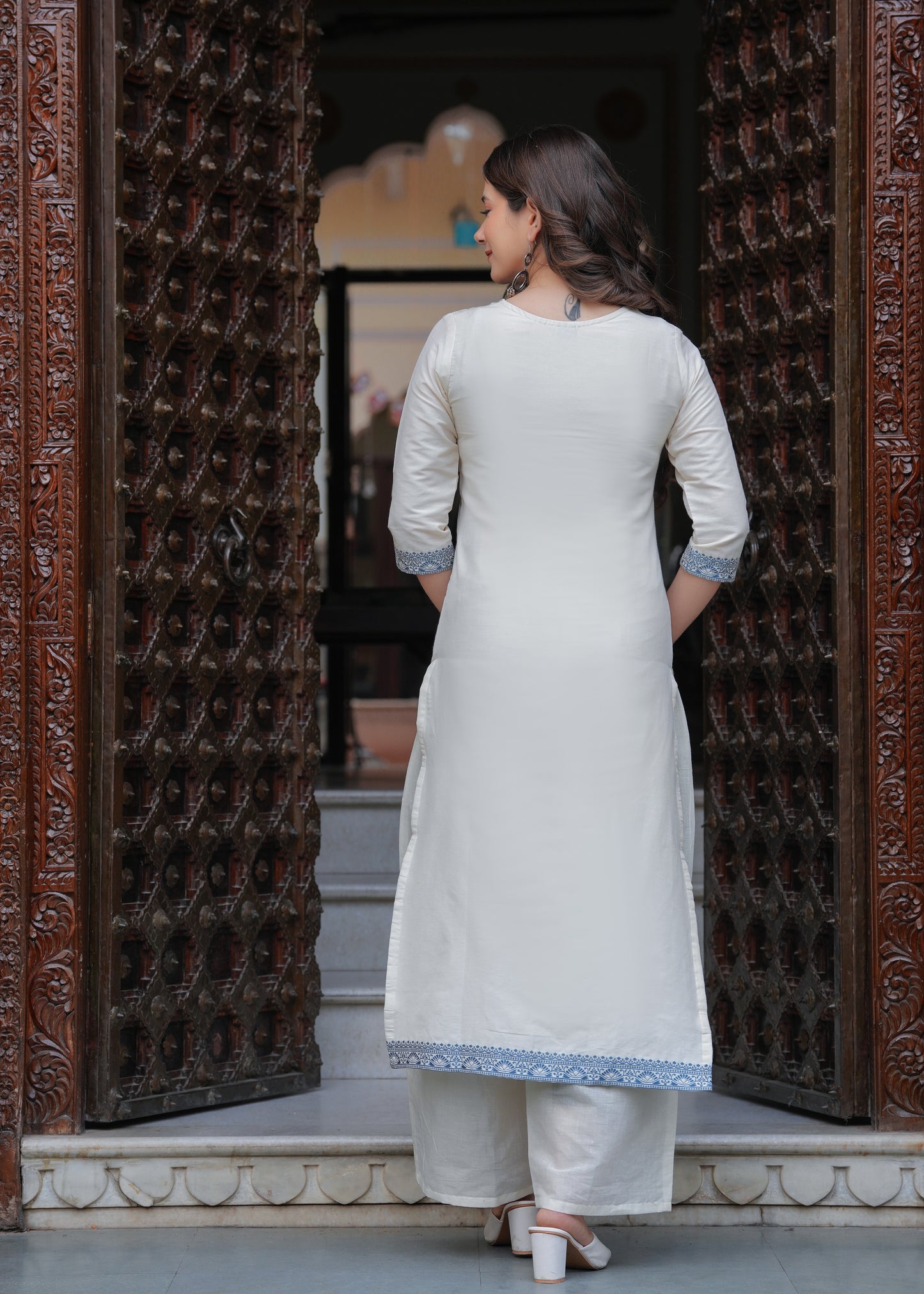 Cream Cotton Straight Hand Work and Jacquard Work Kurta and Palazzo With Dupatta