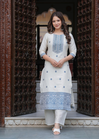 Cream Cotton Straight Hand Work and Jacquard Work Kurta and Palazzo With Dupatta