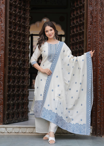 Cream Cotton Straight Hand Work and Jacquard Work Kurta and Palazzo With Dupatta