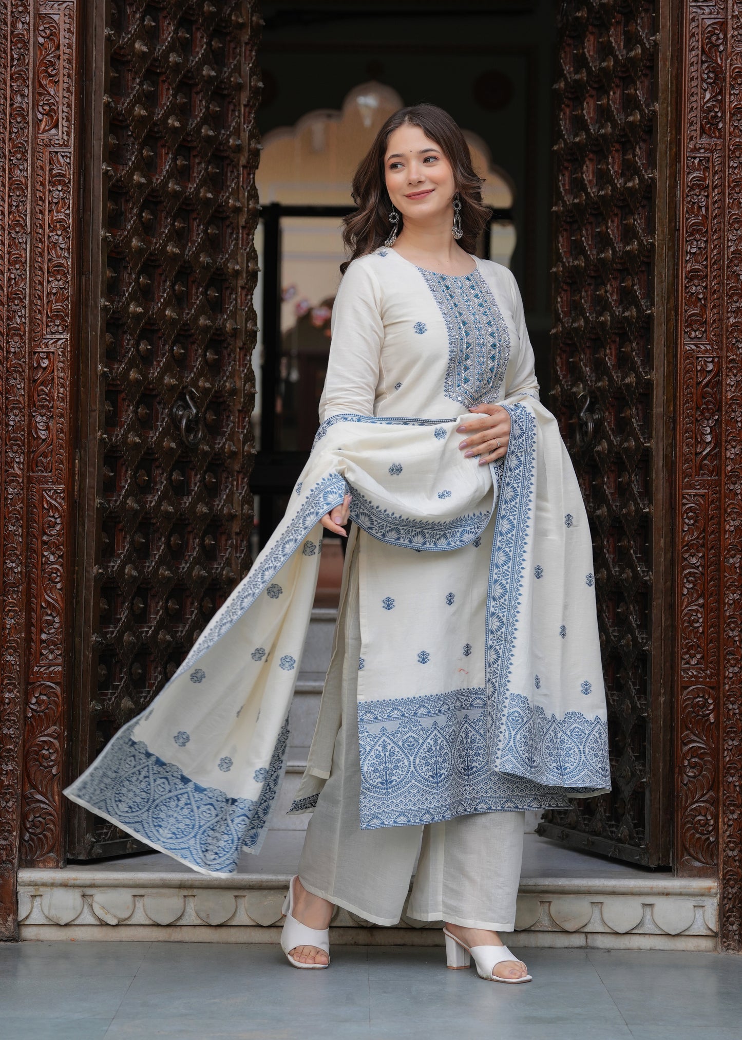 Cream Cotton Straight Hand Work and Jacquard Work Kurta and Palazzo With Dupatta