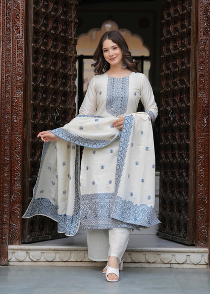 Cream Cotton Straight Hand Work and Jacquard Work Kurta and Palazzo With Dupatta