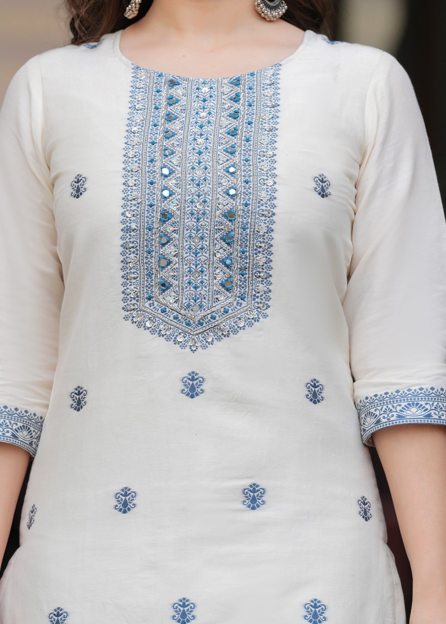 Cream Cotton Straight Hand Work and Jacquard Work Kurta and Palazzo With Dupatta