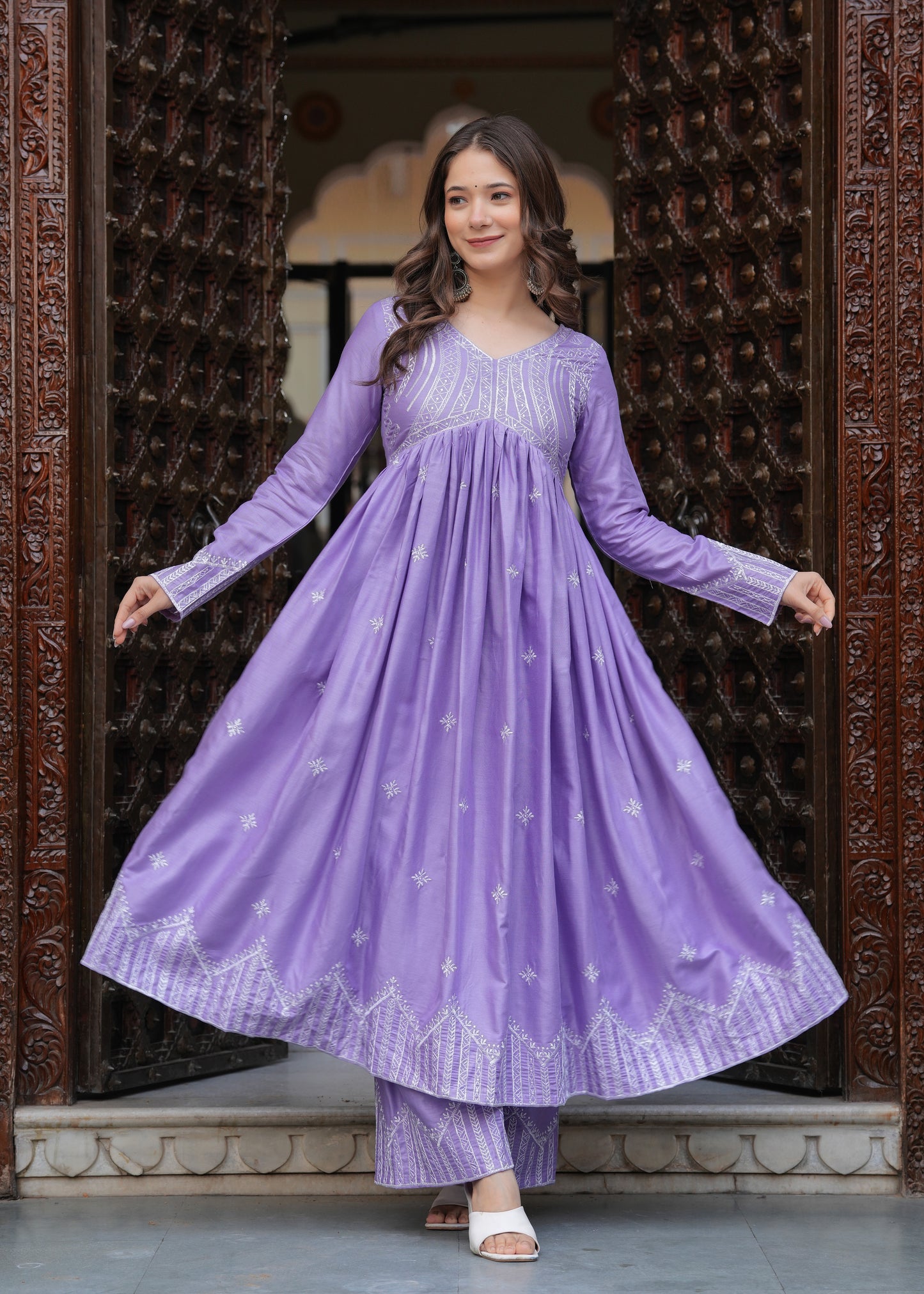 Purple Rayon Ethnic Motif Embroidery Fit And Flared  Kurta With Palazzo Set Set