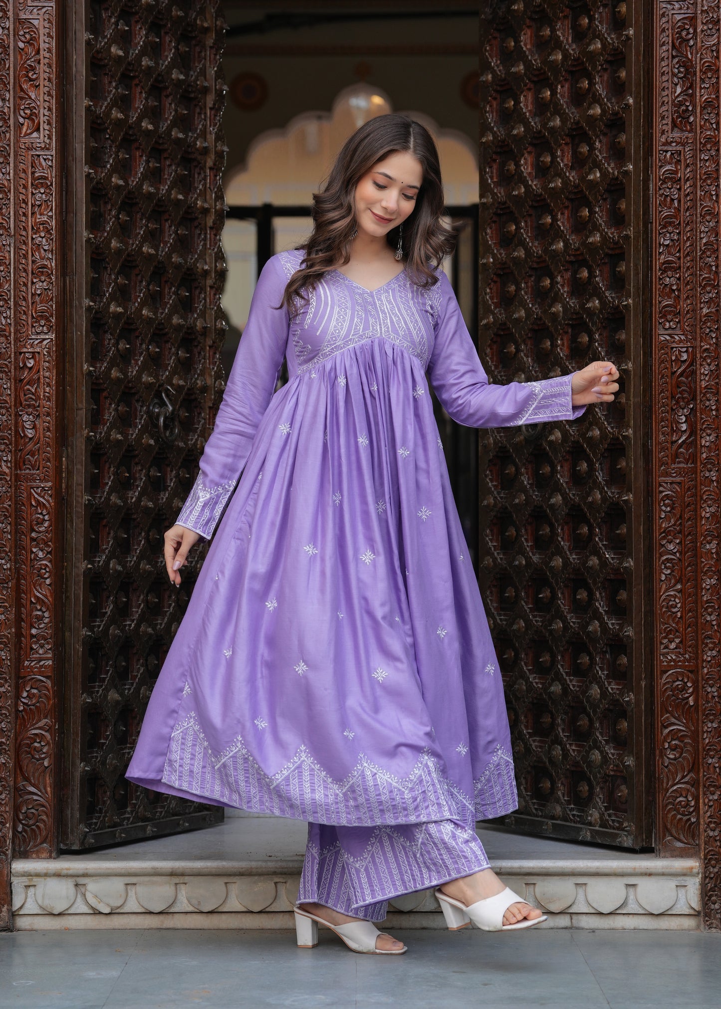 Purple Rayon Ethnic Motif Embroidery Fit And Flared  Kurta With Palazzo Set Set