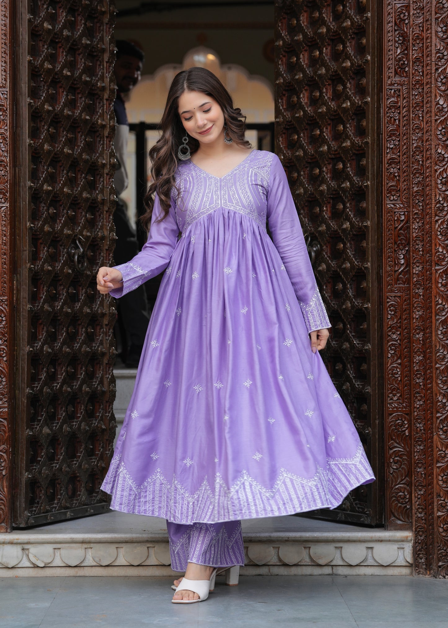 Purple Rayon Ethnic Motif Embroidery Fit And Flared  Kurta With Palazzo Set Set