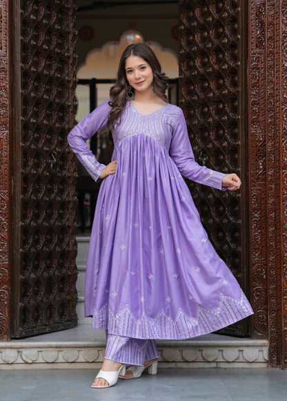 Purple Rayon Ethnic Motif Embroidery Fit And Flared  Kurta With Palazzo Set Set