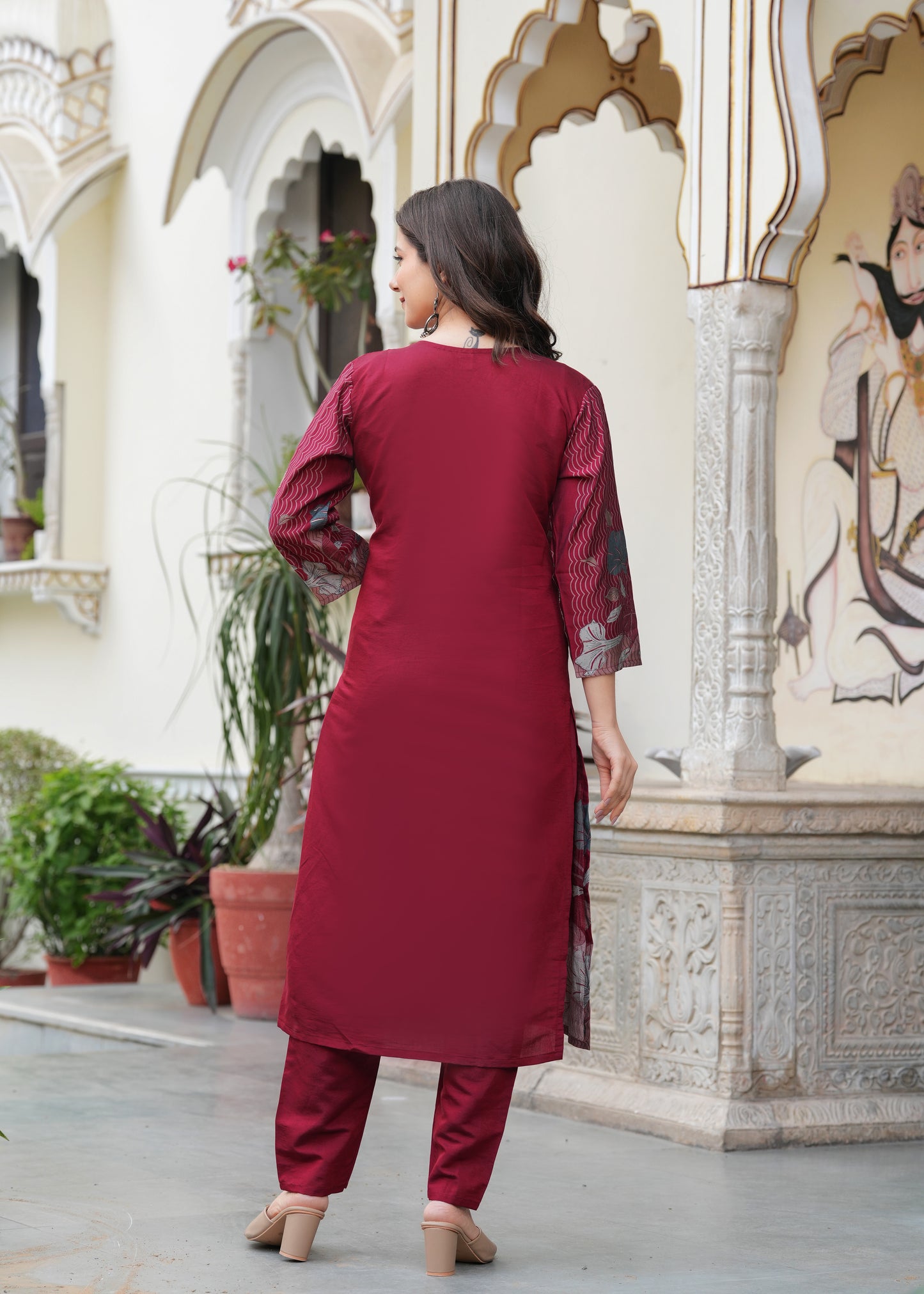 Maroon Viscose Straight Printed  Kurta and Palazzo With Dupatta