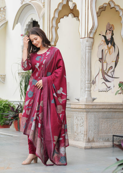 Maroon Viscose Straight Printed  Kurta and Palazzo With Dupatta