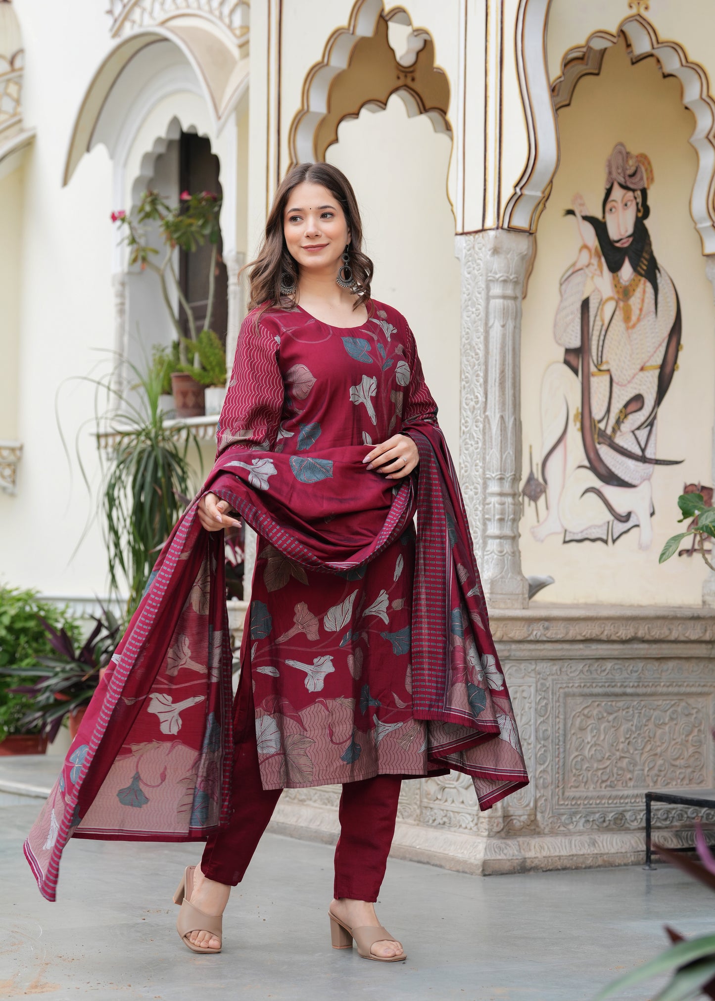 Maroon Viscose Straight Printed  Kurta and Palazzo With Dupatta