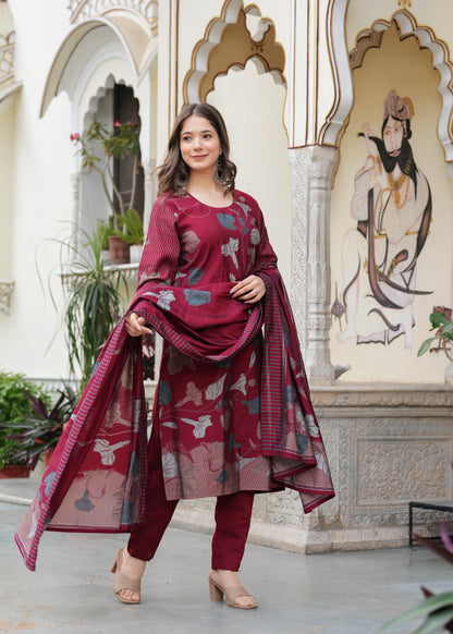 Maroon Viscose Straight Printed  Kurta and Palazzo With Dupatta