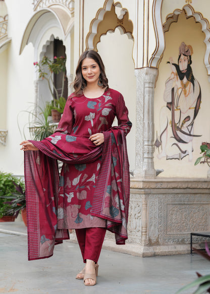 Maroon Viscose Straight Printed  Kurta and Palazzo With Dupatta