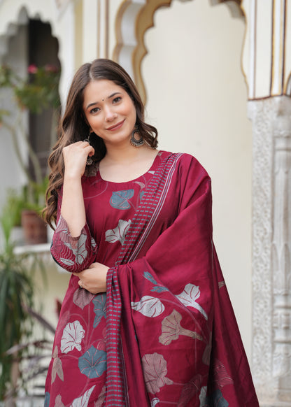 Maroon Viscose Straight Printed  Kurta and Palazzo With Dupatta