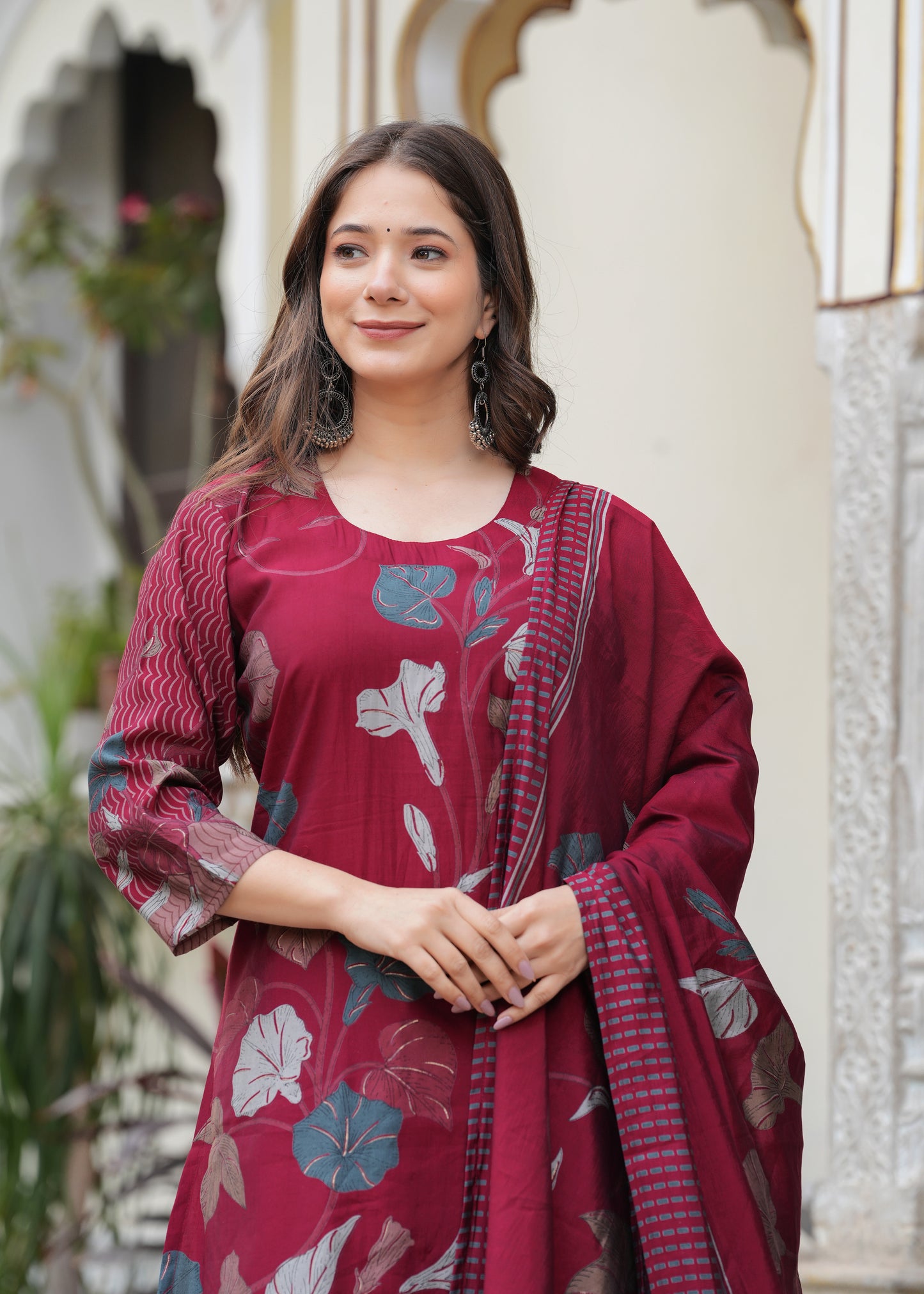 Maroon Viscose Straight Printed  Kurta and Palazzo With Dupatta