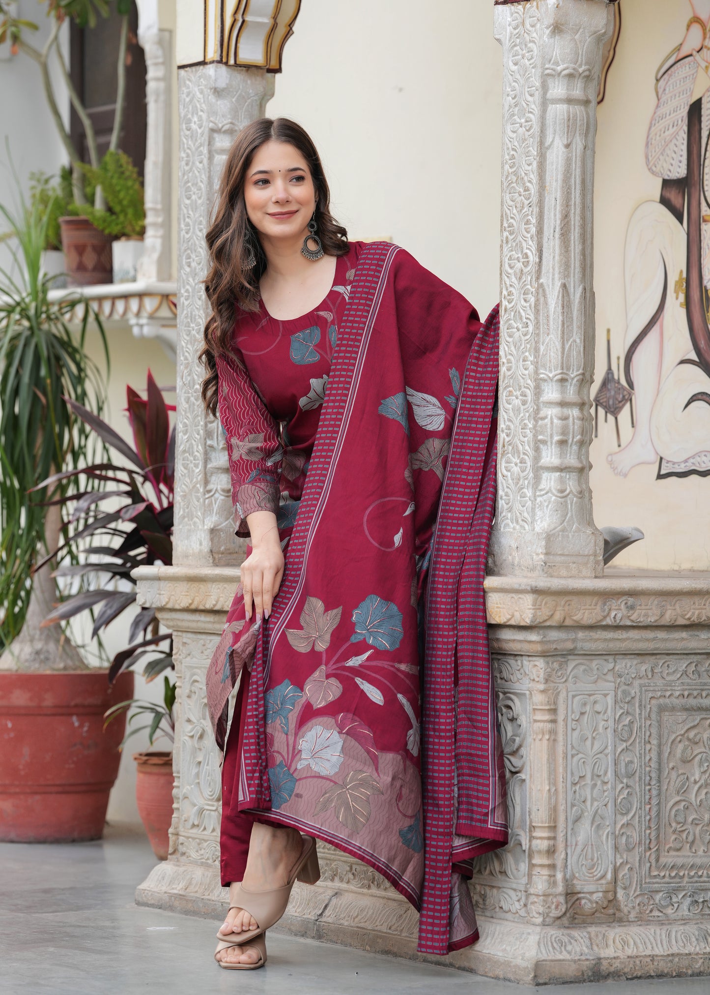 Maroon Viscose Straight Printed  Kurta and Palazzo With Dupatta