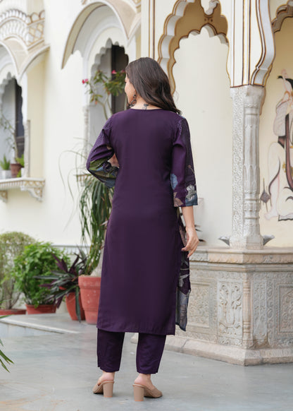 Purple Viscose Straight Printed  Kurta and Palazzo With Dupatta