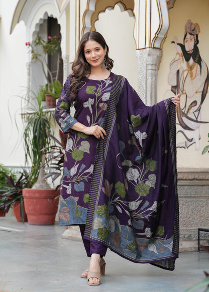 Purple Viscose Straight Printed  Kurta and Palazzo With Dupatta