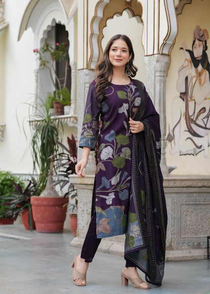 Purple Viscose Straight Printed  Kurta and Palazzo With Dupatta