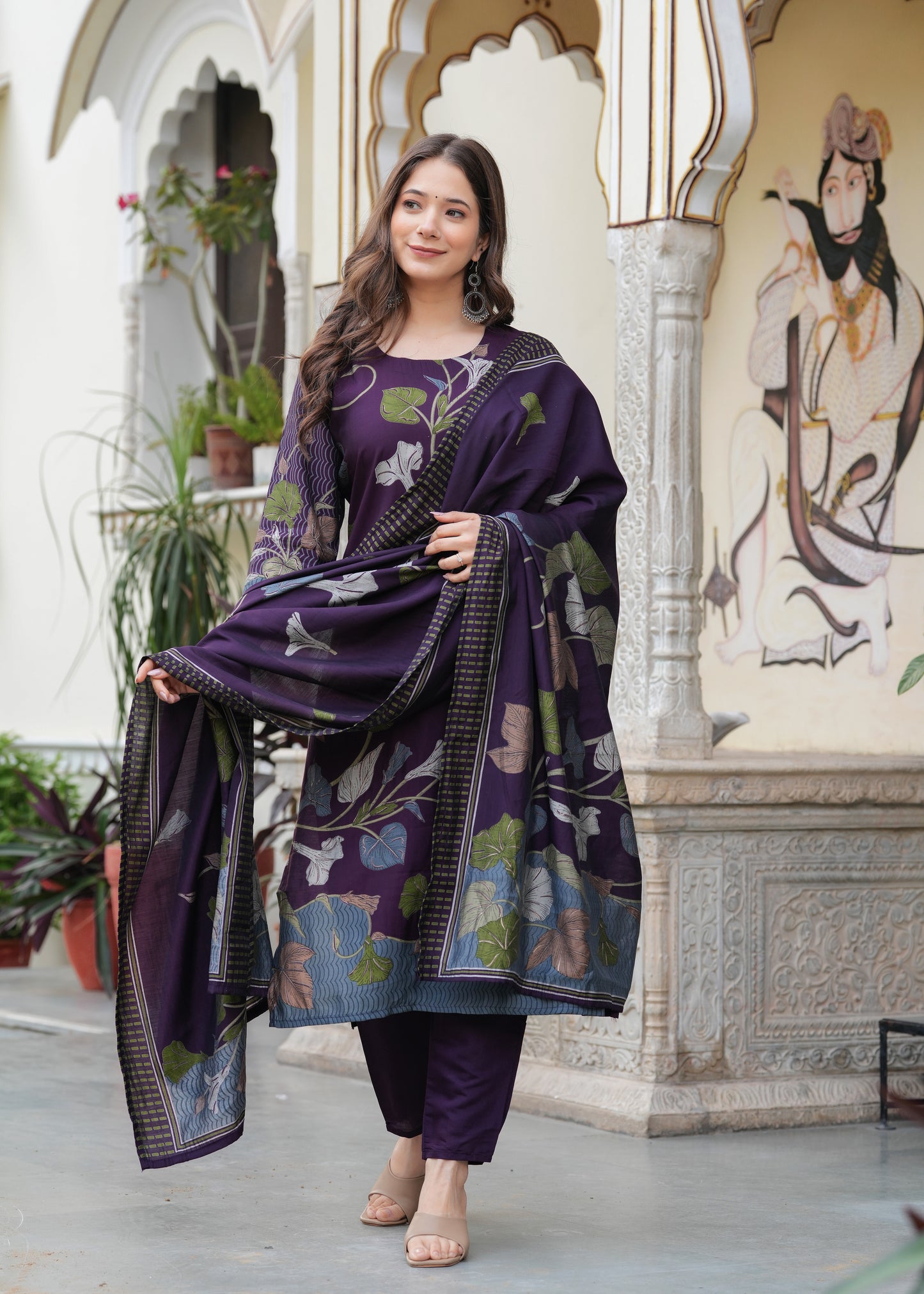 Purple Viscose Straight Printed  Kurta and Palazzo With Dupatta