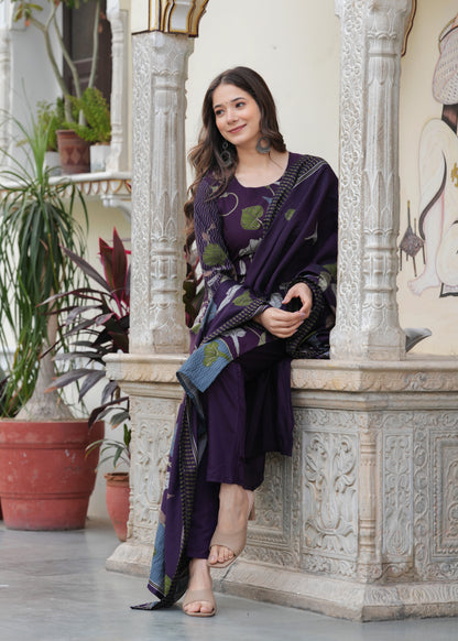 Purple Viscose Straight Printed  Kurta and Palazzo With Dupatta