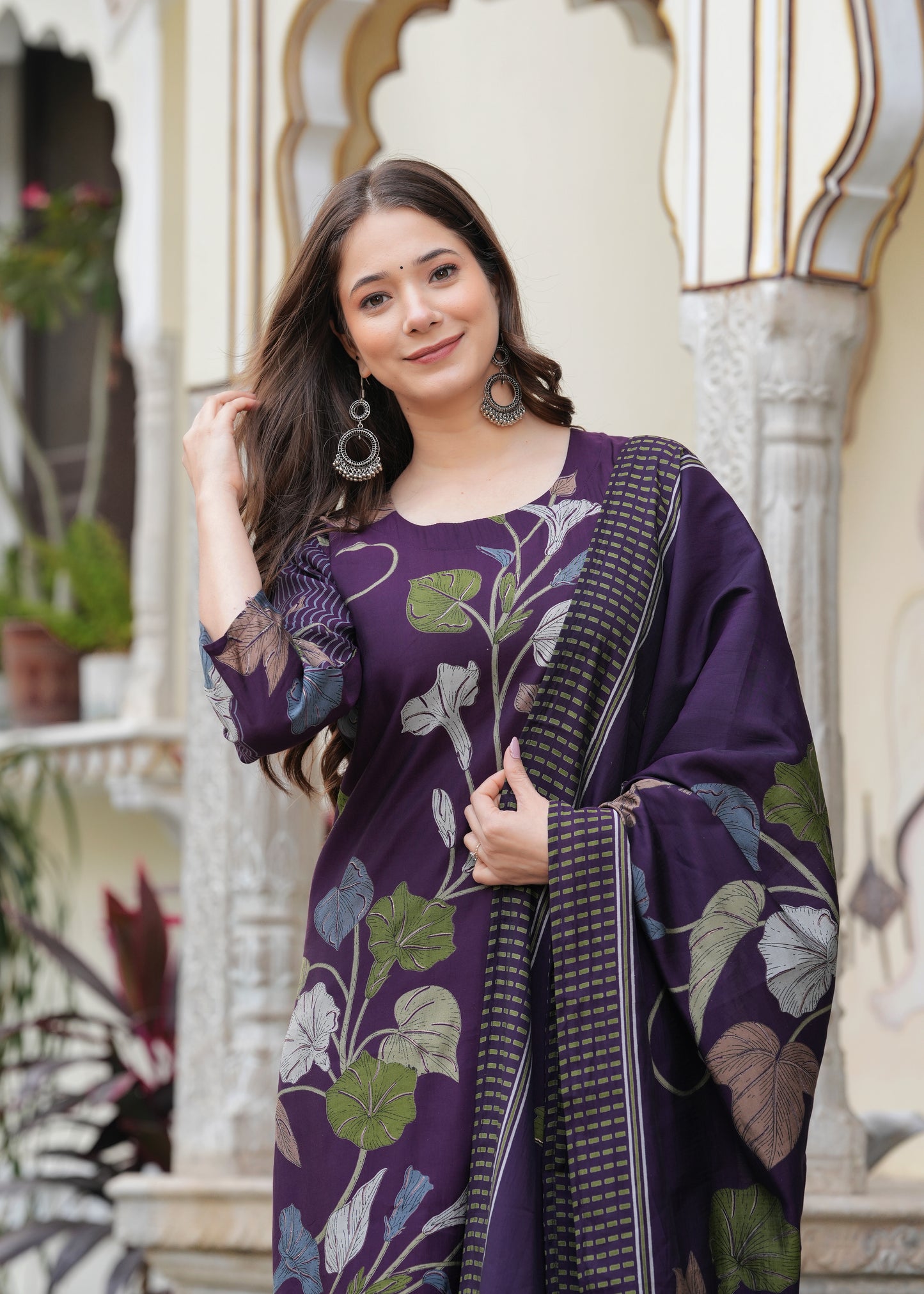 Purple Viscose Straight Printed  Kurta and Palazzo With Dupatta