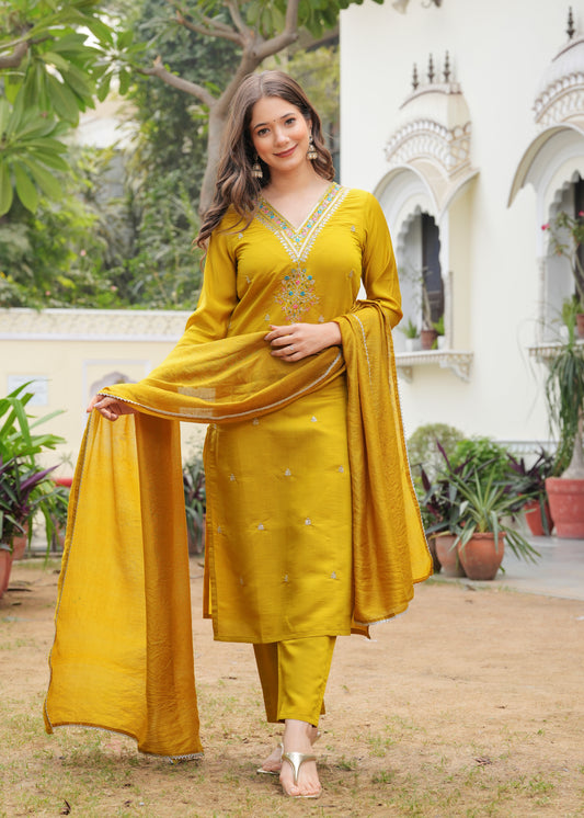 Mustard Viscose Straight Embroidery Work Kurta and Palazzo With Dupatta