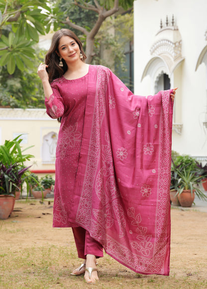 Pink Viscose Straight Printed  Kurta and Palazzo With Dupatta