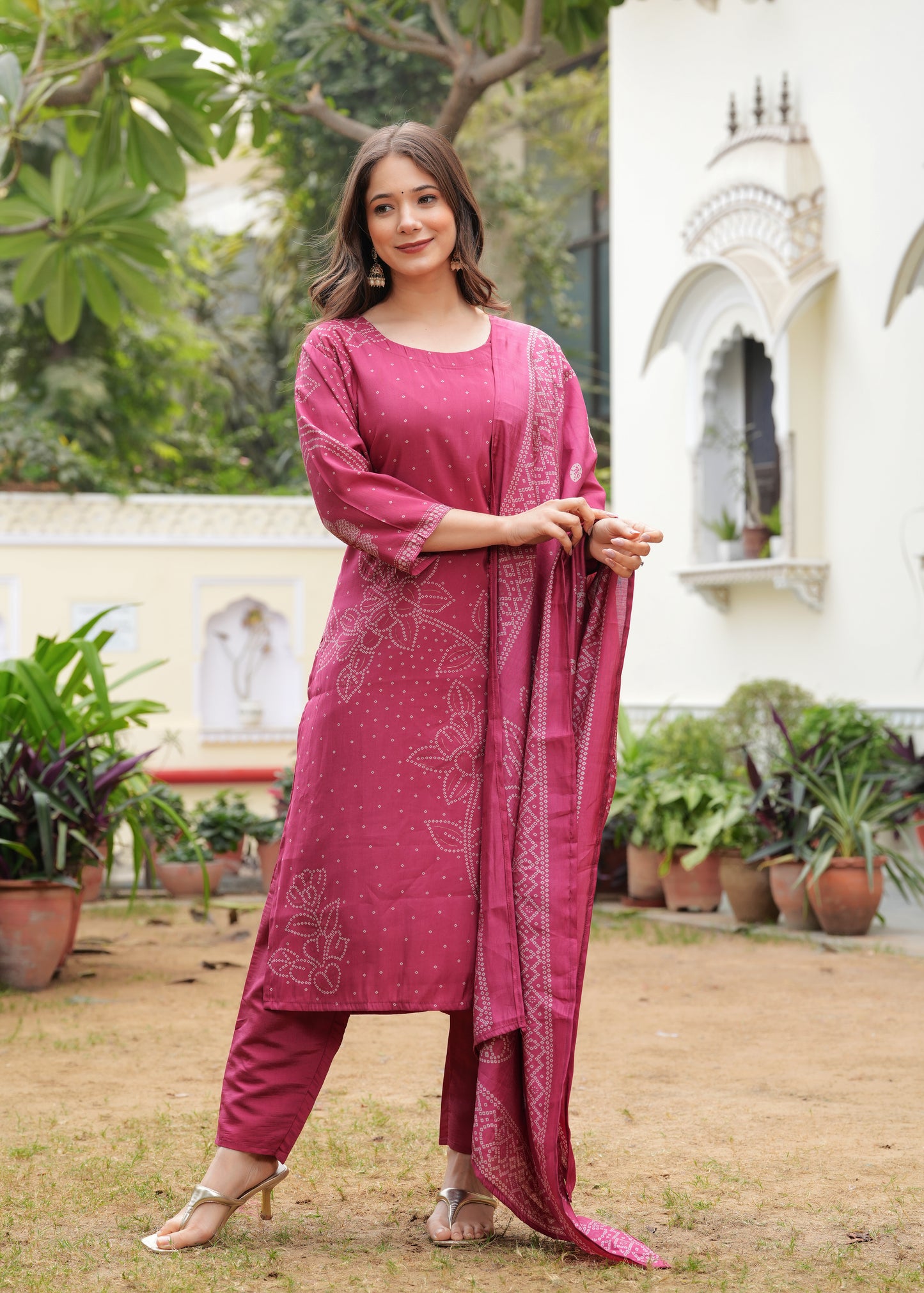 Pink Viscose Straight Printed  Kurta and Palazzo With Dupatta