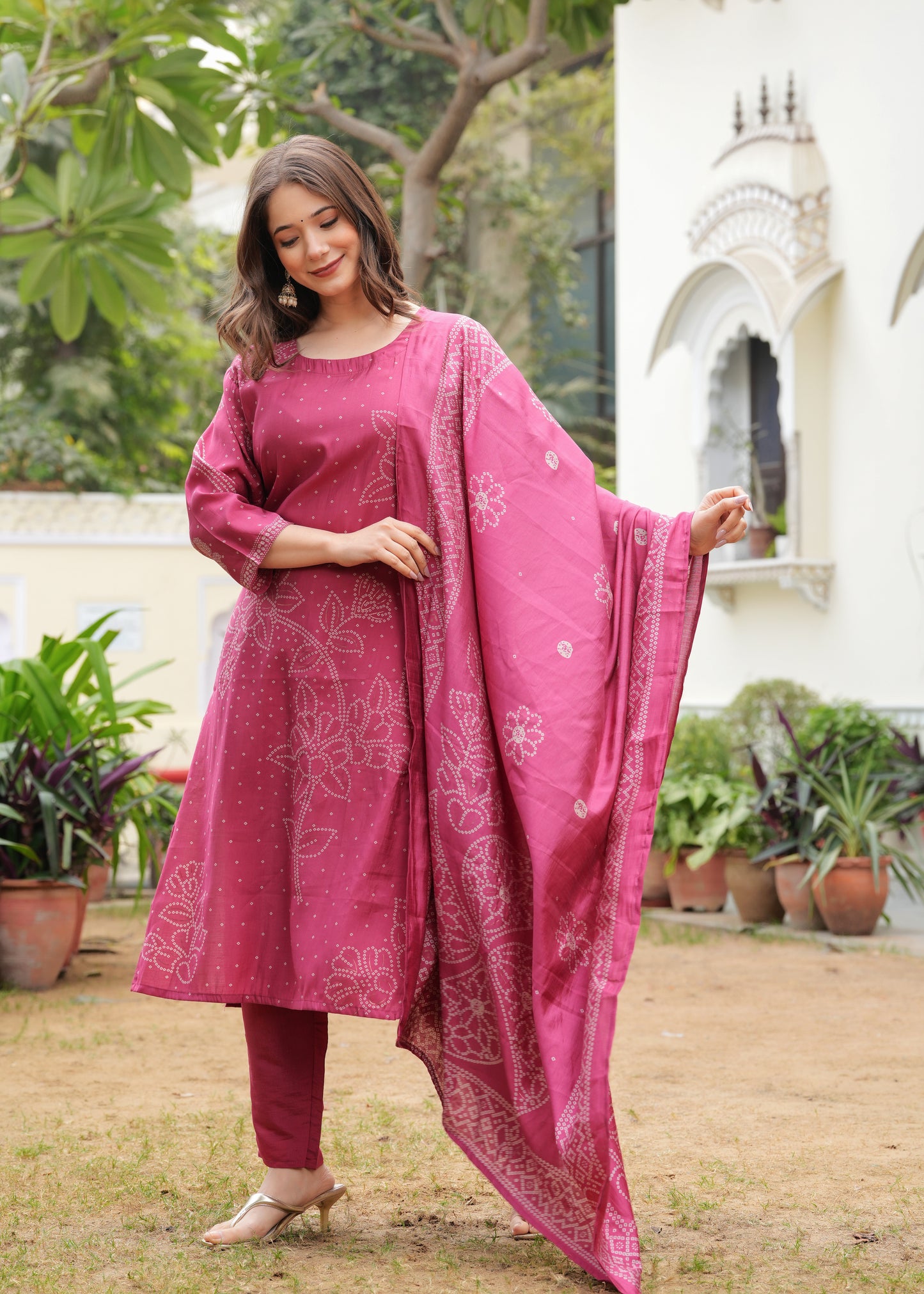 Pink Viscose Straight Printed  Kurta and Palazzo With Dupatta