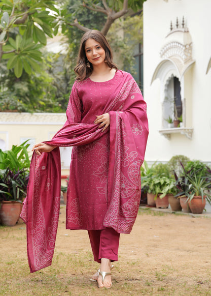 Pink Viscose Straight Printed  Kurta and Palazzo With Dupatta