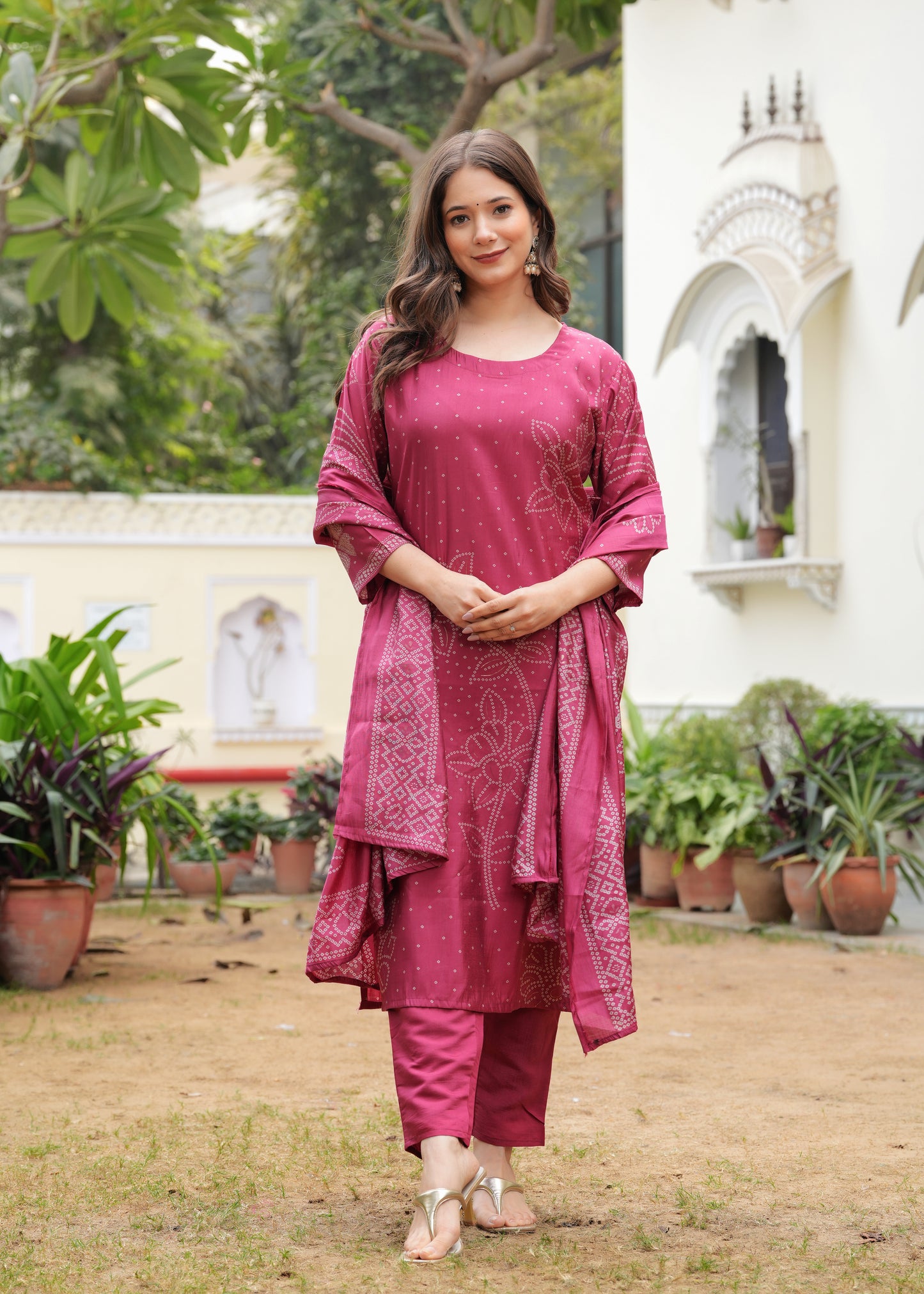 Pink Viscose Straight Printed  Kurta and Palazzo With Dupatta