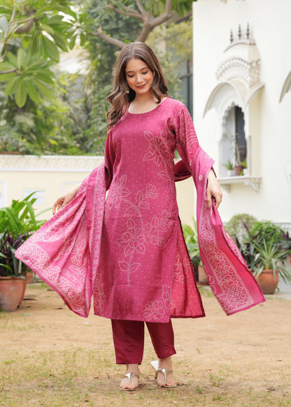 Pink Viscose Straight Printed  Kurta and Palazzo With Dupatta