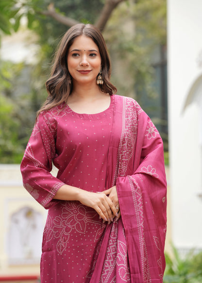 Pink Viscose Straight Printed  Kurta and Palazzo With Dupatta