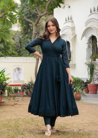 Teal Anarkali Solid Lace Work Kurta & Trousers With Dupatta